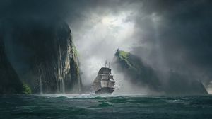 Превью обои корабль, море, скалы, туман, арт