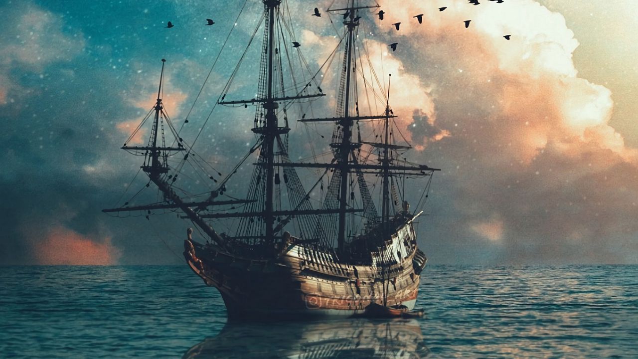 Обои корабль, море, волны, птицы, сумерки