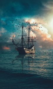 Превью обои корабль, море, волны, птицы, сумерки