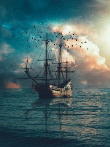 Превью обои корабль, море, волны, птицы, сумерки