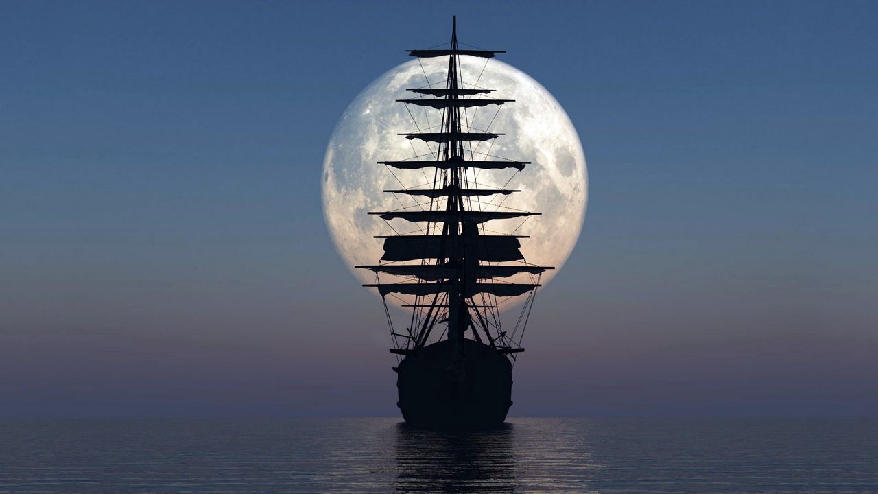 Обои корабль, море, закат, луна