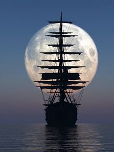 Превью обои корабль, море, закат, луна