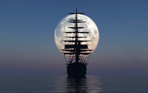 Превью обои корабль, море, закат, луна