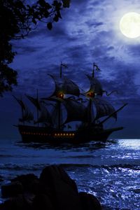 Превью обои корабль, ночь, море, арт, волны
