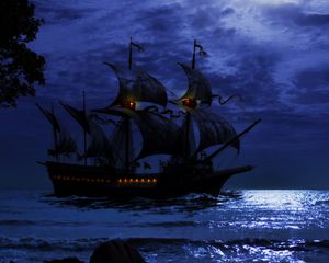 Превью обои корабль, ночь, море, арт, волны