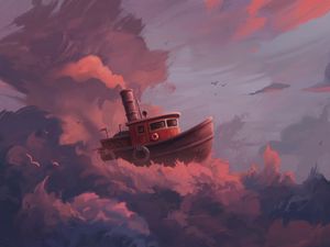 Превью обои корабль, облака, арт, небо, плыть, фантастический
