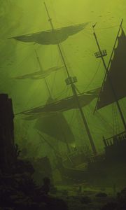 Превью обои корабль, парус, под водой, зеленый, темный