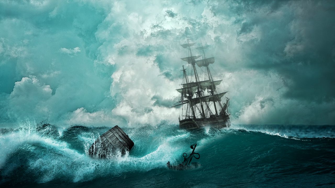 Обои корабль, шторм, волны, якорь, фотошоп