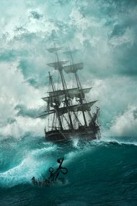 Превью обои корабль, шторм, волны, якорь, фотошоп