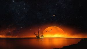 Превью обои корабль, звездное небо, ночь, море, фотошоп