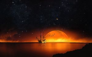 Превью обои корабль, звездное небо, ночь, море, фотошоп