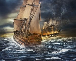 Превью обои корабли, море, шторм, морской бой, фотошоп