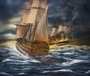 Превью обои корабли, море, шторм, морской бой, фотошоп