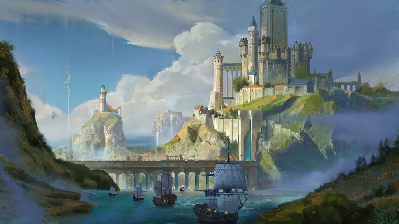 Обои корабли, замок, скалы, мост, арт