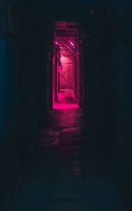 Превью обои коридор, неон, темный, розовый, свет