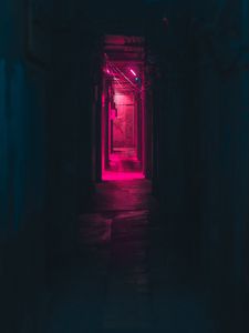 Превью обои коридор, неон, темный, розовый, свет