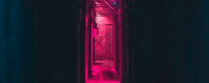 Превью обои коридор, неон, темный, розовый, свет