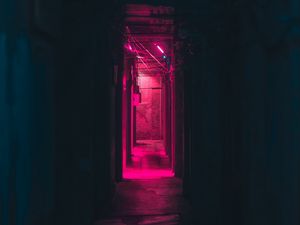 Превью обои коридор, неон, темный, розовый, свет