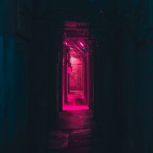 Превью обои коридор, неон, темный, розовый, свет