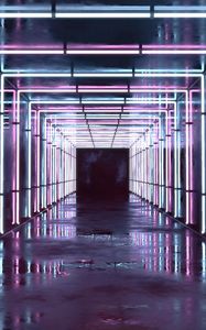 Превью обои коридор, тоннель, неон, свет, отражение