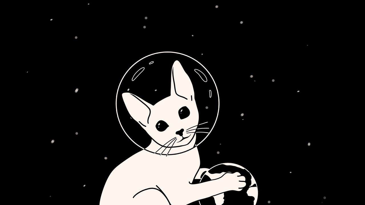 Обои кошка, астронавт, космос, планета, арт, черно-белый