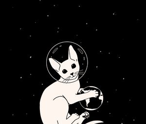 Превью обои кошка, астронавт, космос, планета, арт, черно-белый