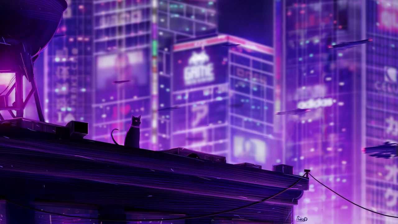 Обои кошка, крыша, город, будущее, неон, подсветка