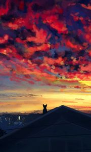Превью обои кошка, крыша, вечер, вид, облака, арт