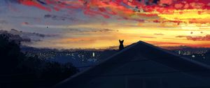 Превью обои кошка, крыша, вечер, вид, облака, арт