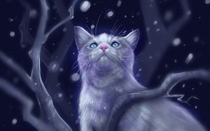 Превью обои кошка, взгляд, арт, снег, блики