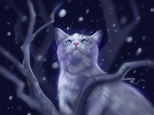 Превью обои кошка, взгляд, арт, снег, блики
