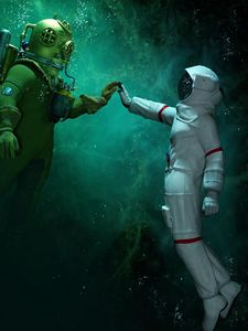 Превью обои космонавт, аквалангист, под водой