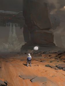 Превью обои космонавт, космический корабль, скала, арт