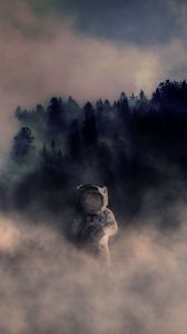 Превью обои космонавт, скафандр, дым, лес, фотошоп
