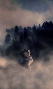Превью обои космонавт, скафандр, дым, лес, фотошоп
