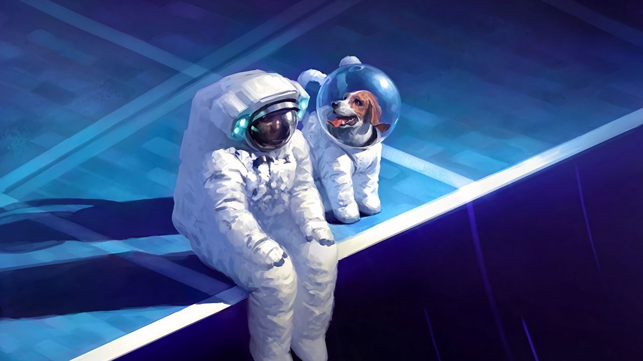 Обои космонавт, скафандр, грусть, собака, арт