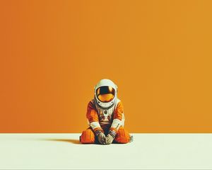 Превью обои космонавт, скафандр, шлем, оранжевый