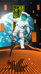 Превью обои космонавт, скафандр, велосипед, планета, пустыня, двери