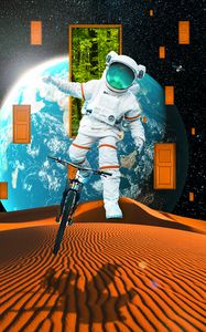 Превью обои космонавт, скафандр, велосипед, планета, пустыня, двери