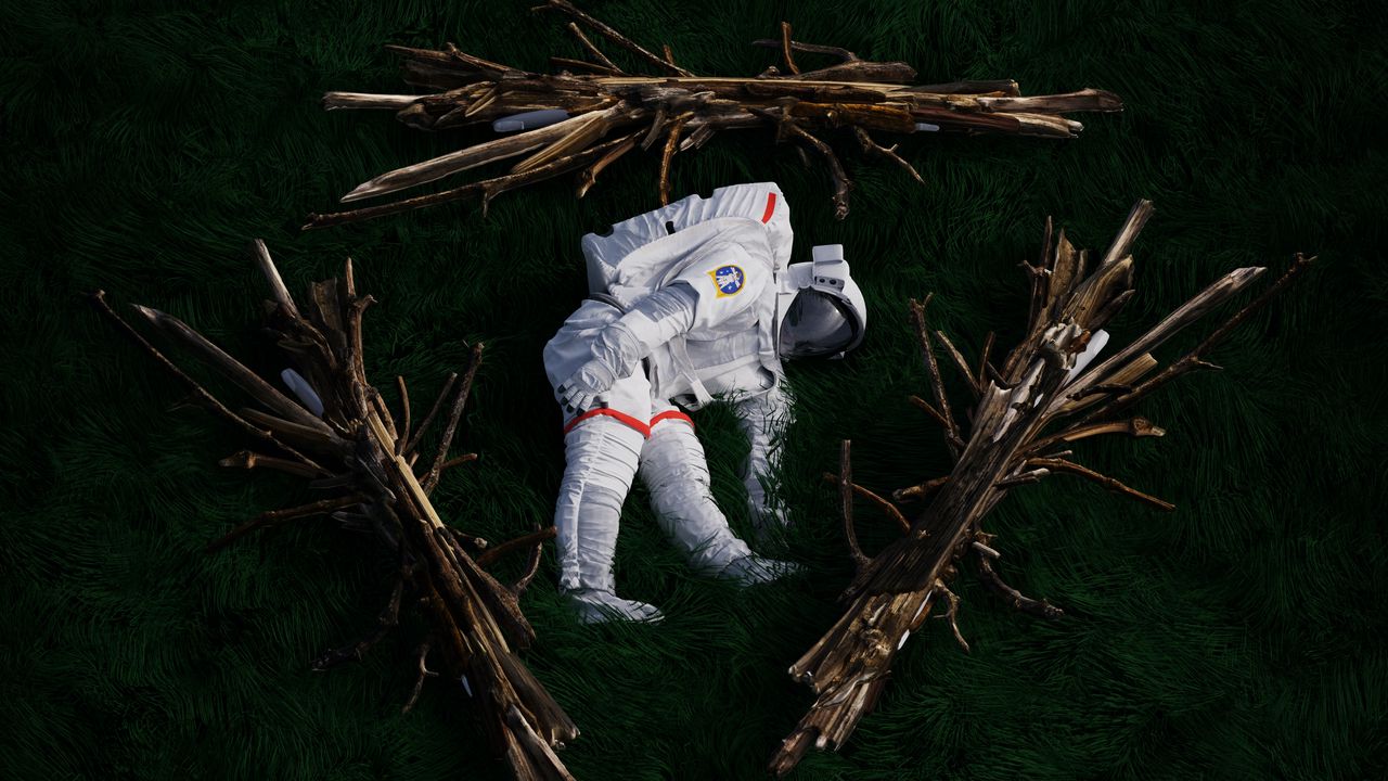 Обои космонавт, скафандр, ветки, трава