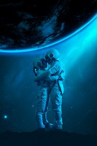 Превью обои космонавты, объятия, любовь, космос