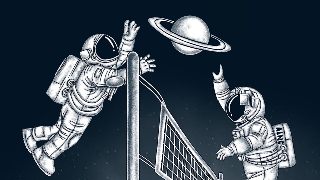 Обои космонавты, волейбол, планета, космос, арт