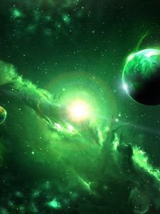 Превью обои космос, галактика, планеты, зеленый, вселенная
