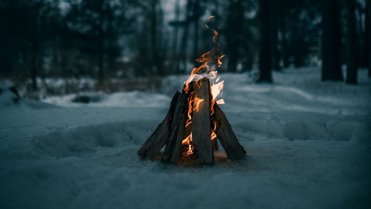 Обои костер, огонь, дрова, снег, зима