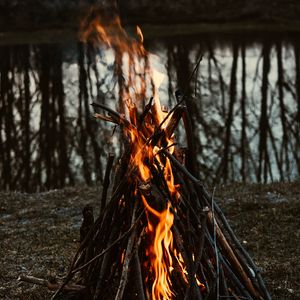 Превью обои костер, огонь, пламя, ветки, поход