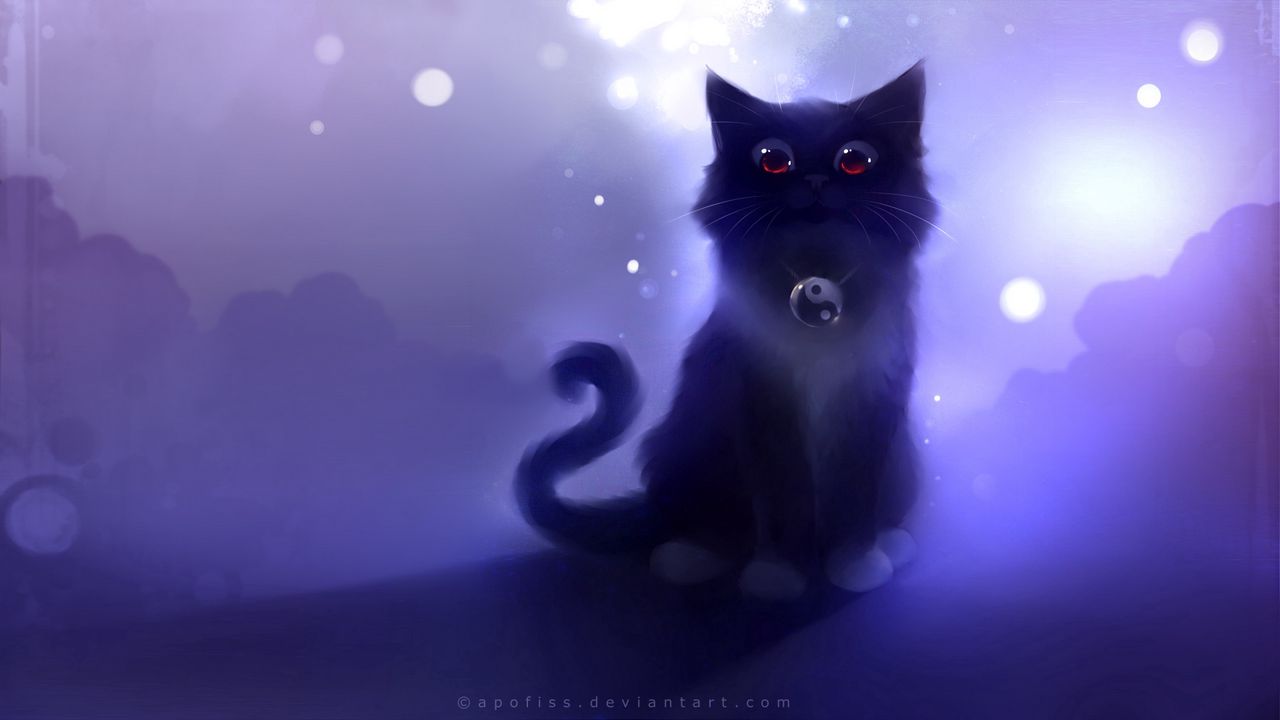 Обои кот, черный, рисунок, ночь, apofiss