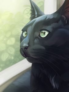 Превью обои кот, черный, взгляд, окно, арт