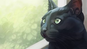 Превью обои кот, черный, взгляд, окно, арт
