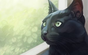 Превью обои кот, черный, взгляд, окно, арт
