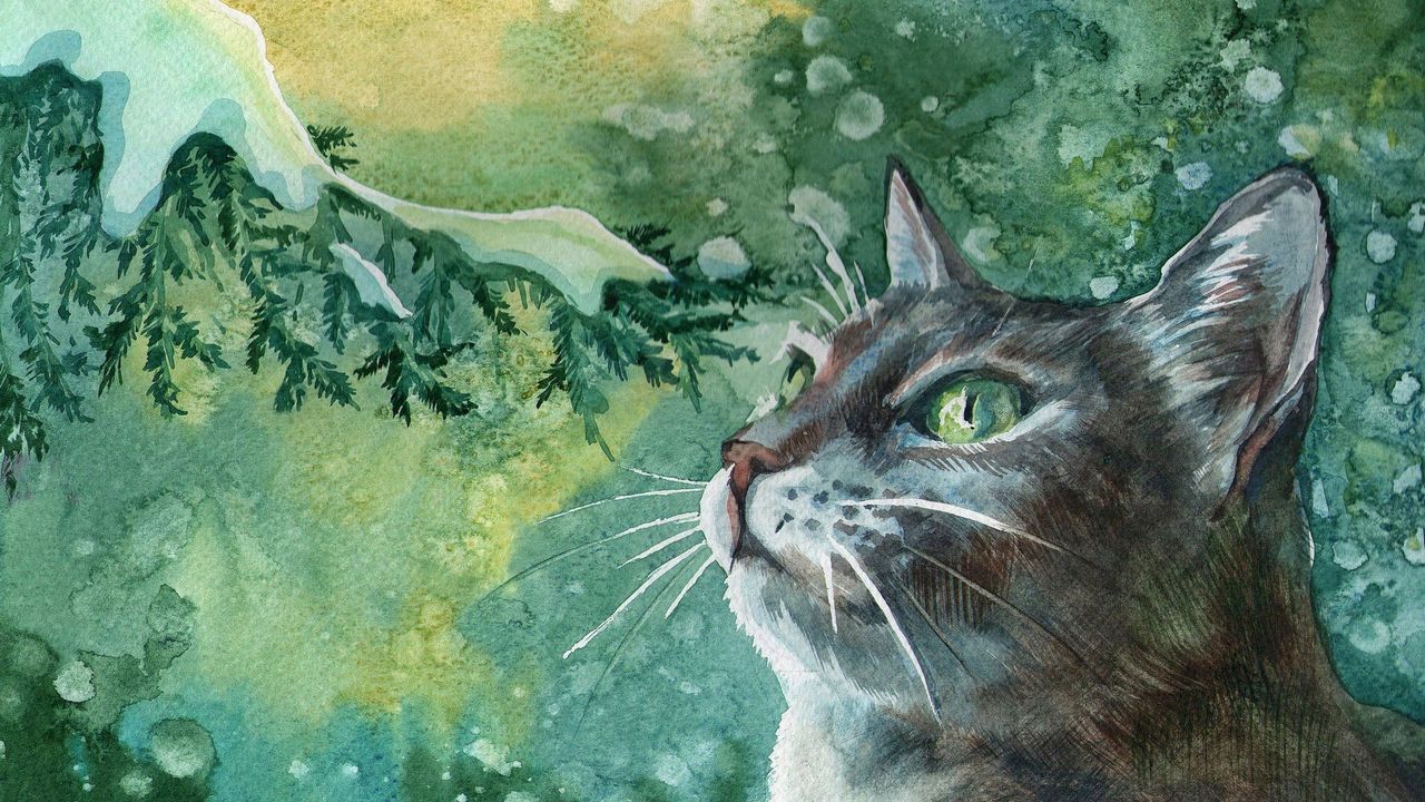 Обои кот, краски, живопись, ветка, снег, зима, рисунок